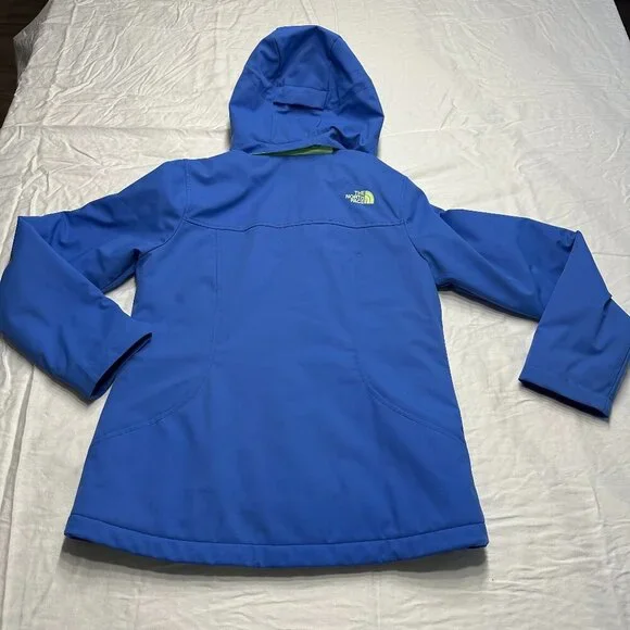 North Face Women’s Blue Softshell Jacket – Neon Accents, Hooded, Water Resistant - Picture 2 of 5